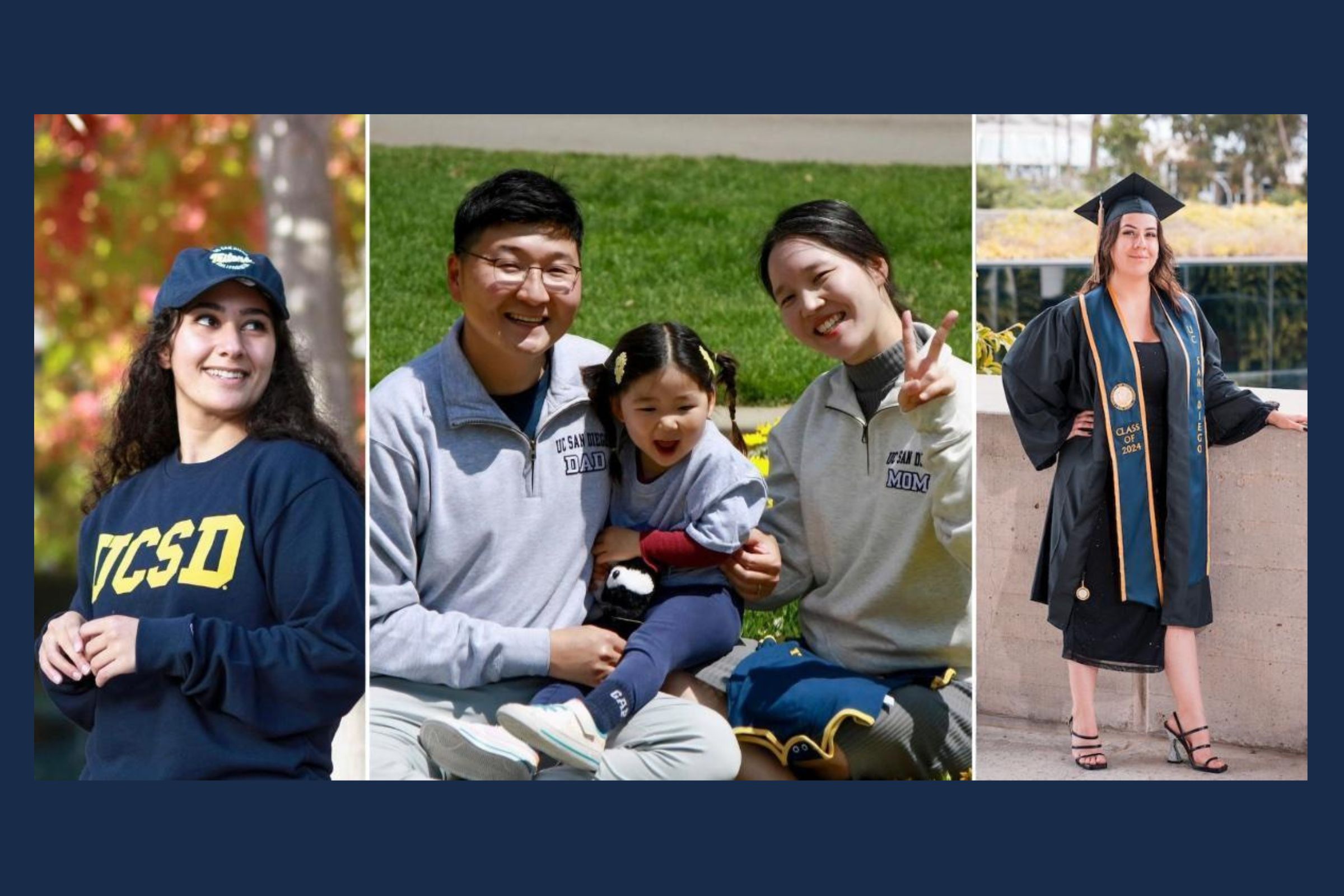 Collage of graduates: a student wears a UCSD sweatshirt; two students hold a small child; a student wears graduation regalia